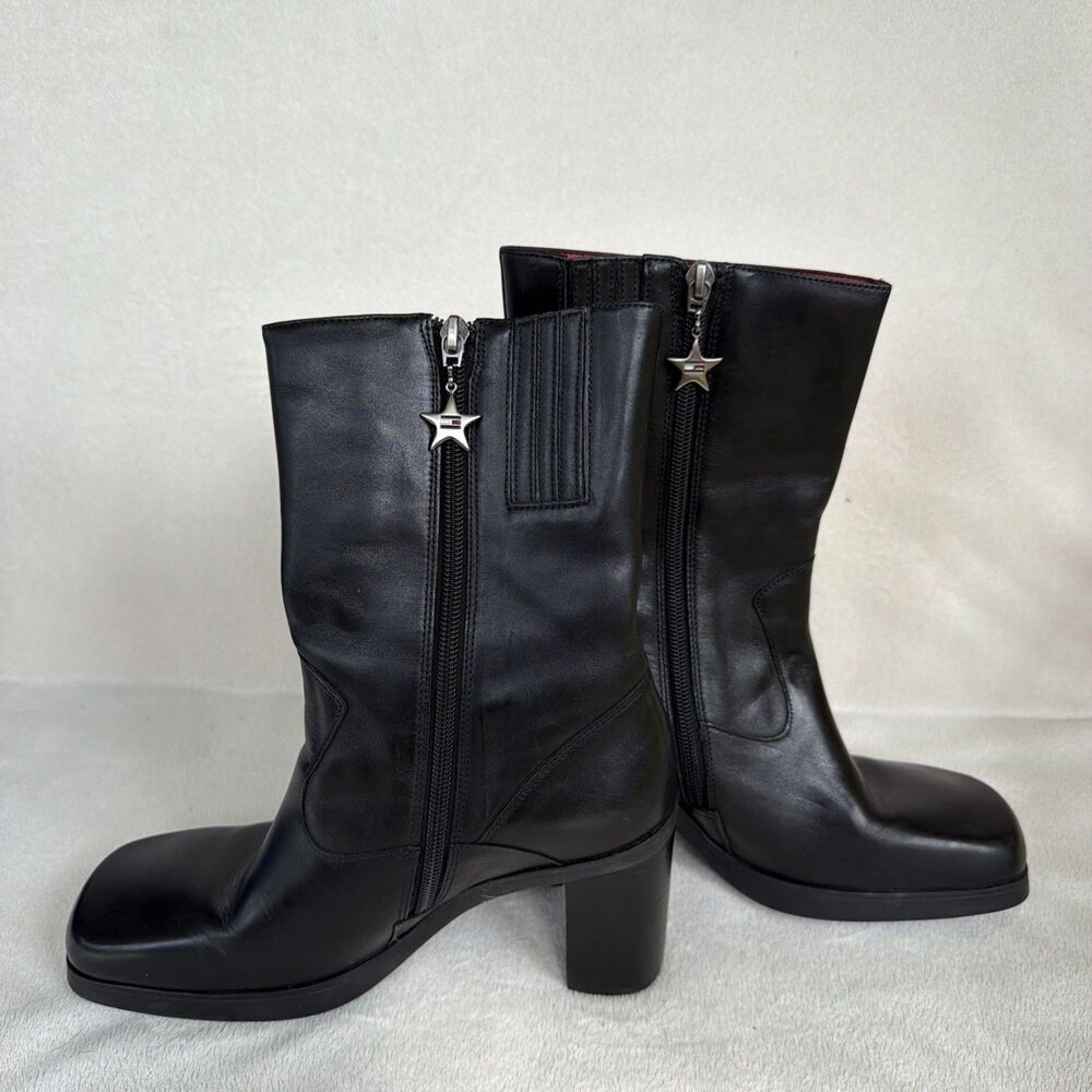 VTG Y2K Tommy Hilfiger Black Leather Square Toe Chunky Heel Boots Women Size 8